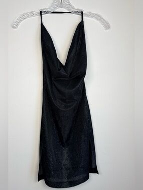SHEIN Sparkling Black Halter Top with Cascading Deep Cowl Neckline